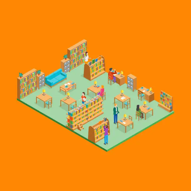 Vector illustration of City Library Interior with Furniture Isometric View. Vector