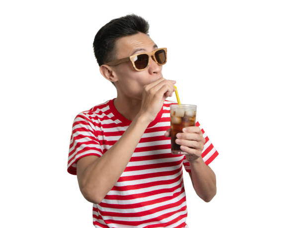 Young man smile with soft drink asian people portrait.
