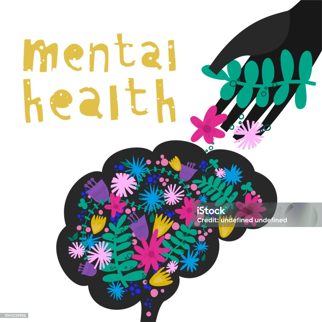 Mental health. Vector illustration Vector illustration of mental health concept with brain, flowers, helping hand Mental Health stock vector