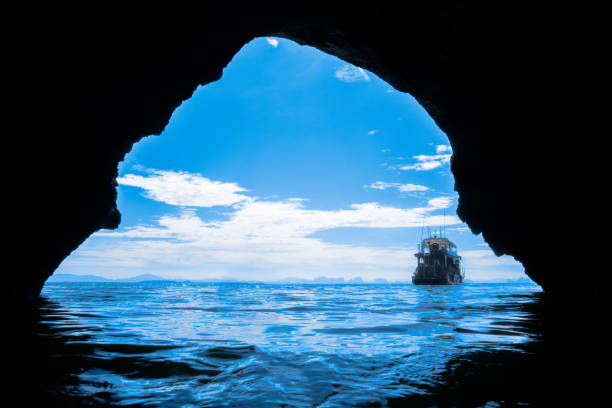 The swimmers point of view from within a submerged cave system in Thailand.  Cave diving and swimming is notoriously difficult and dangerous, requiring specialist training.  Image taken from within a cave at Ko Talabeng, Andaman Sea, Krabi, Thailand.  The sea and sky are clear blue, an idyllic location.
