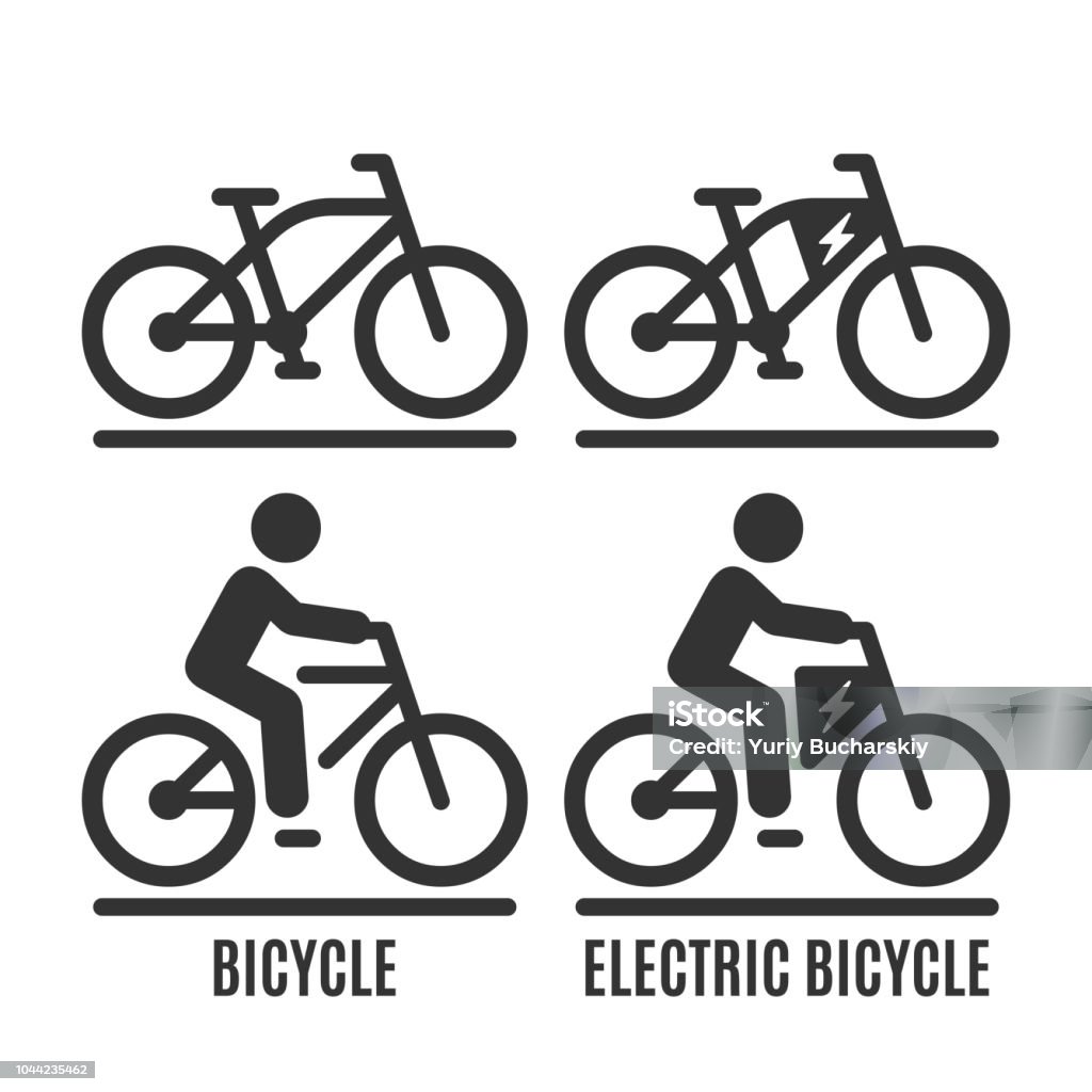 Vector geïsoleerde fiets en elektrische fiets pictogram. Fiets niet menselijk en met rider op weg silhouet symbool. - Royalty-free Fietsen vectorkunst