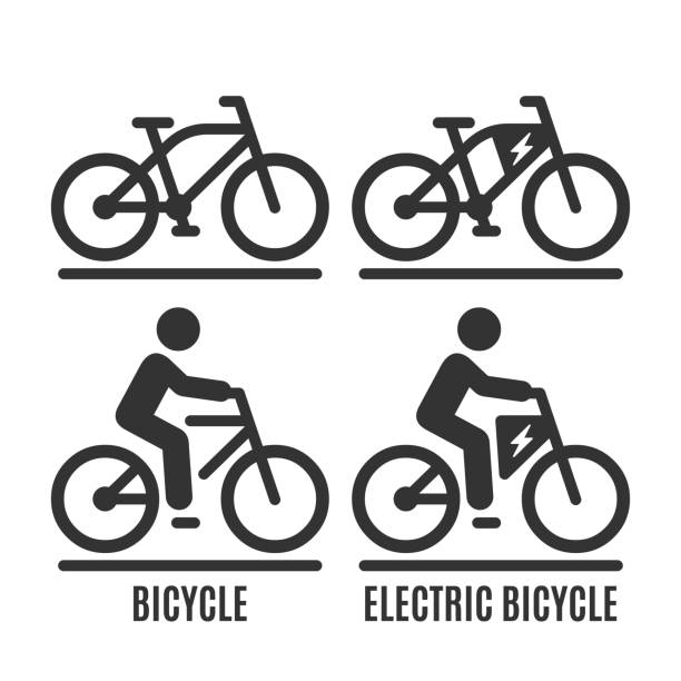 Vector isolated bicycle and electric bike icon. Cycle no human and with rider on road silhouette symbol. Vector isolated bicycle and electric bike icon. Cycle no human and with rider on road silhouette symbol. cycling stock illustrations