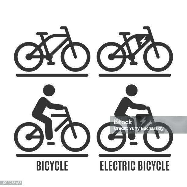 Vector Isolated Bicycle And Electric Bike Icon Cycle No Human And With Rider On Road Silhouette Symbol Stock Illustration - Download Image Now