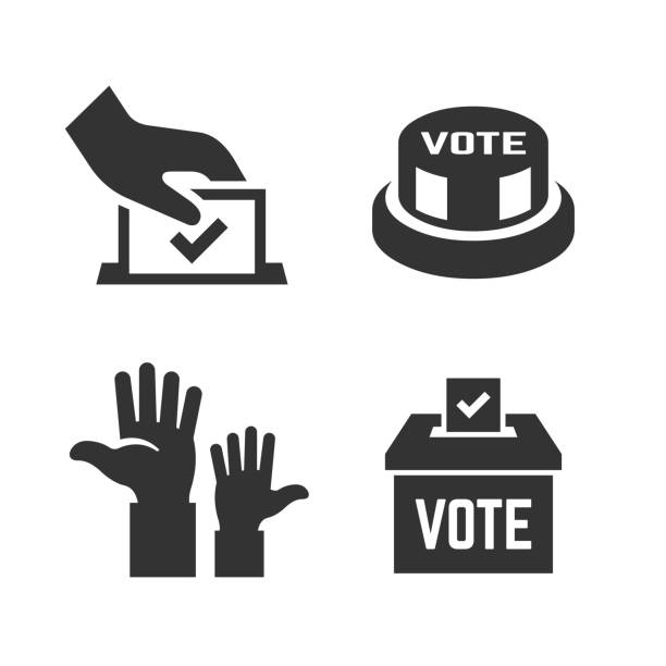 Vector vote icon with voter hand, ballot box, click button, voting hands. Democracy election poll silhouette symbol. Vector vote icon with voter hand, ballot box, click button, voting hands. Democracy election poll silhouette symbol. voting stock illustrations