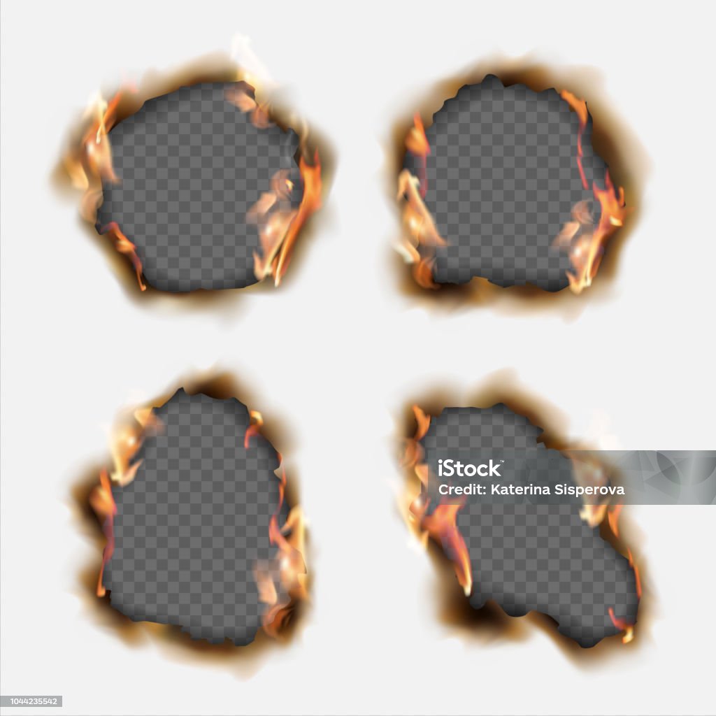 Conjunto de vector de realista agujeros quemados en papel con los bordes marrón y llamas aisladas sobre fondo transparente - arte vectorial de Fuego libre de derechos