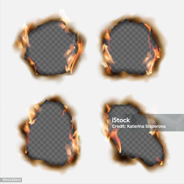 Vector Set Of Realistic Holes Burnt In Paper With Brown Edges And Flames Isolated On Transparent Background Stock Illustration - Download Image Now