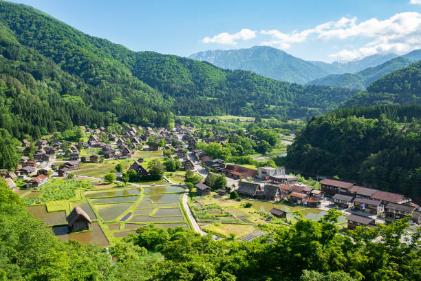ogimachi gassho stijl huizen - hida bergketen stockfoto's en -beelden