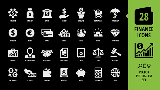 Vector business and finance icon set on a black background with money, bank, piggy, credit, exchange, graph, deposit, gold, diamond, businessman, agreement, contract and more isolated silhouette sign.