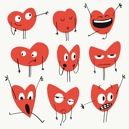 Vector illustration of a set of heart shaped emoticons