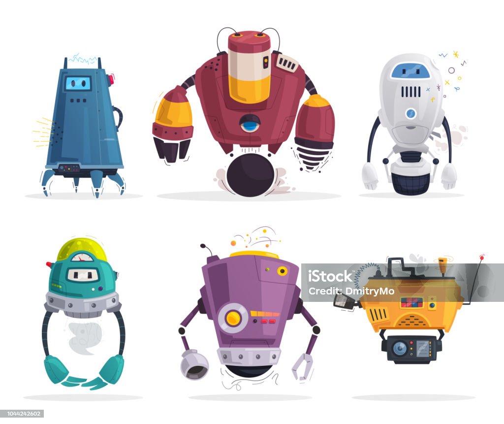 Robot character. Technology, future. Cartoon vector illustration Set of robot characters. Technology, future. Cartoon vector illustration. Friendly android assistant Robot stock vector