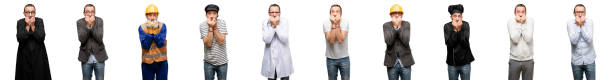 istock Senior man, different professionals terrified and nervous expressing anxiety and panic gesture, overwhelmed 1044244810