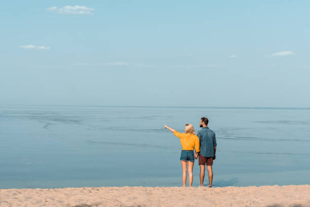 istock back view of couple holding hands on beach, girlfriend pointing on something 1044248332
