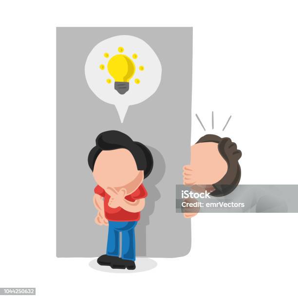 Vector Handdrawn Cartoon Of Man Spying On Man With Light Bulb Icon Idea Behind Wall Stock Illustration - Download Image Now