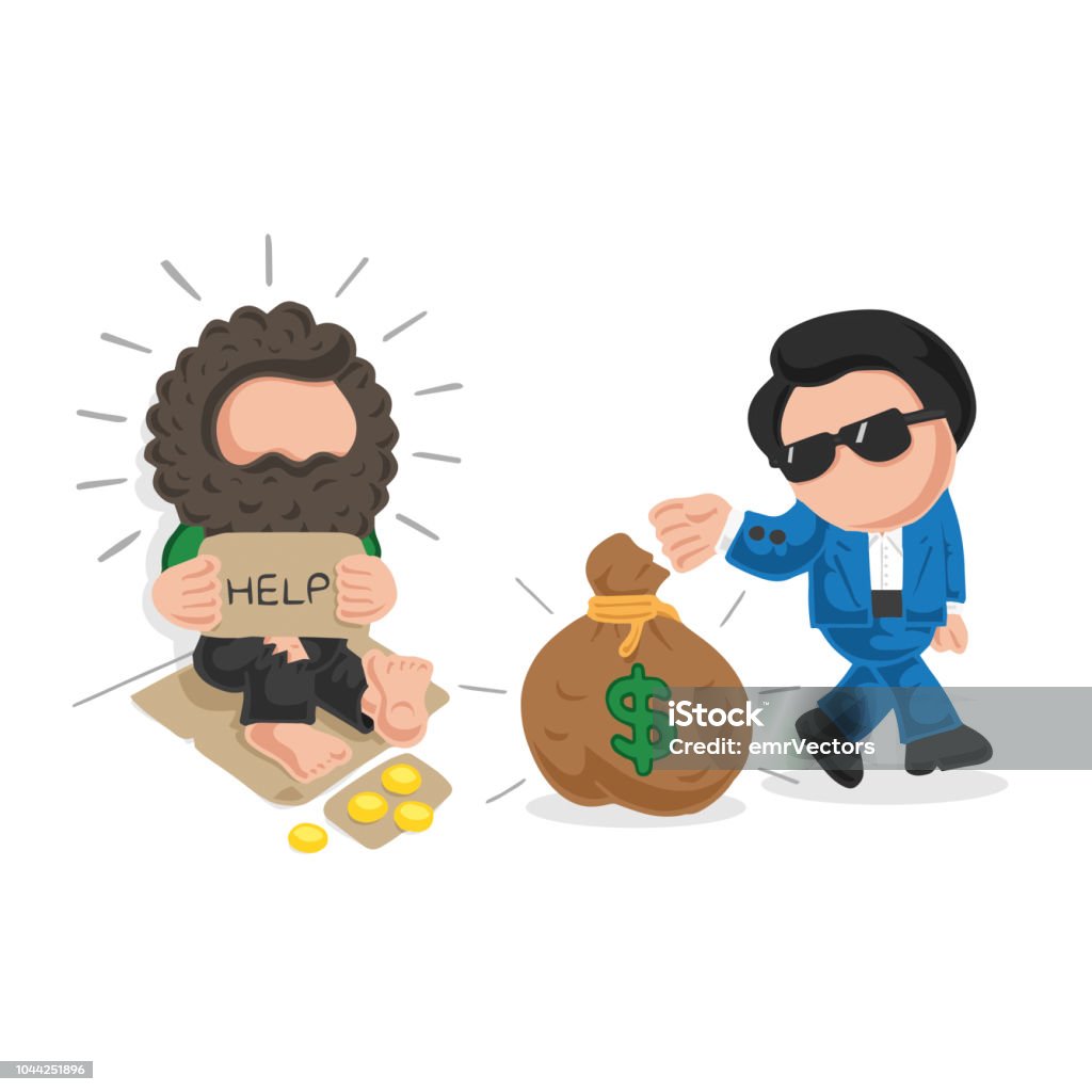 Vector hand-drawn cartoon of rich man giving money bag to homeless Vector hand-drawn cartoon illustration of rich man giving money bag to homeless on sidewalk and homeless is shocked. A Helping Hand stock vector