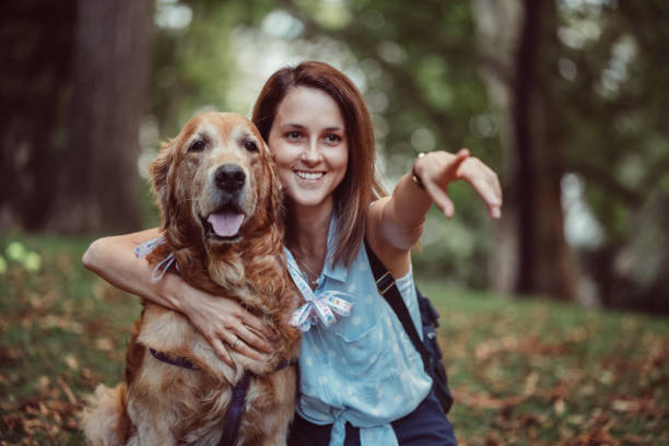 mujer con perro retriever de senderismo - golden retriever dog autumn leaf fotografías e imágenes de stock