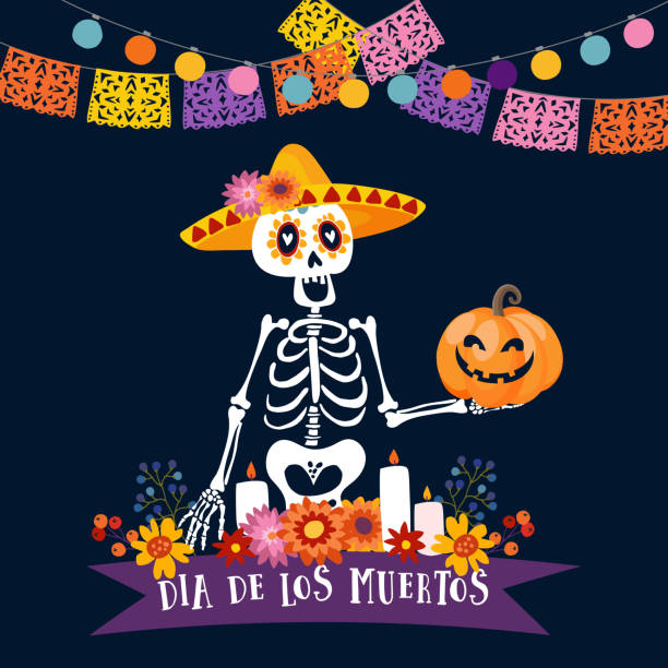 Ilustración de Halloween Día De Los Muertos Tarjeta De Felicitación Día  Mexicano De La Invitación Muerta Esqueleto Con Sombrero Sombrero Holding  Extraña Calabaza Decoración De Flores Y Velas Banderas De Partido Bombillas