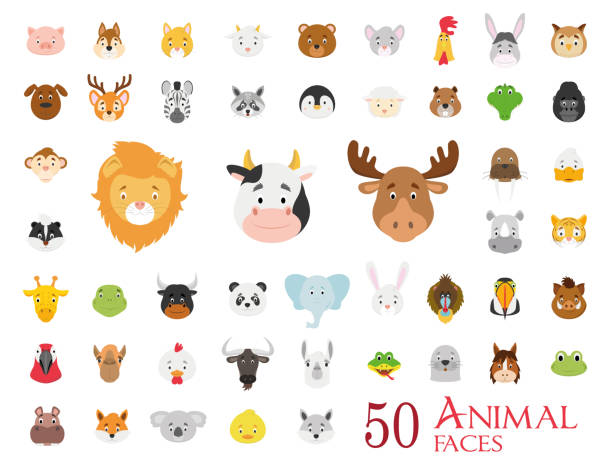 50 動物は、漫画のスタイルの顔のセット - animal head点のイラスト素材／クリップアート素材／マンガ素材／アイコン素材