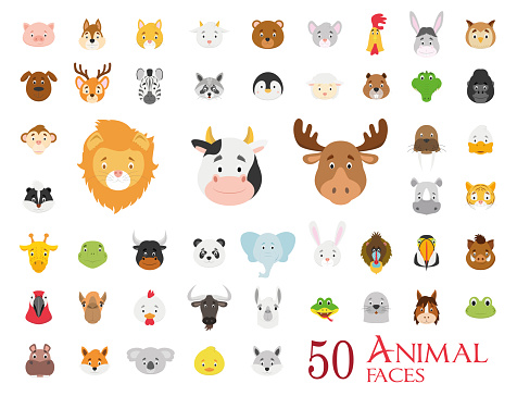Set of 50 Animal Faces in cartoon style