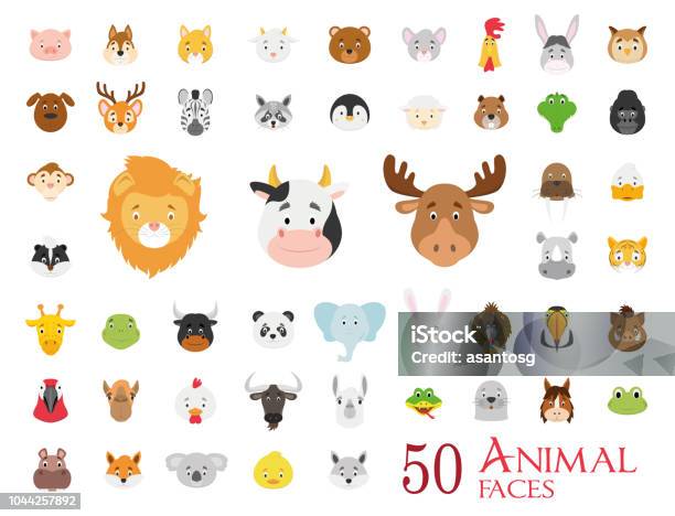 Set Of 50 Animal Faces In Cartoon Style Stock Illustration - Download Image Now - Animal Head, Animal, Cartoon