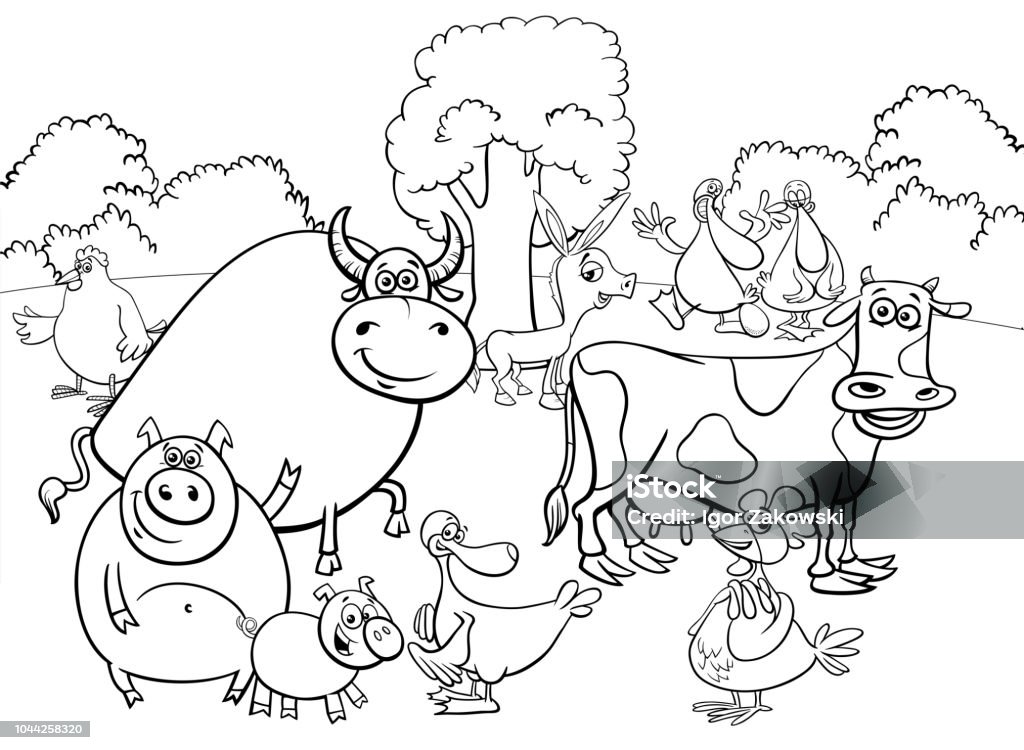 black and white cartoon farm animal characters group Black and White Cartoon Illustration of Funny Farm Animal Characters Group on the Meadow Coloring Book Coloring stock vector