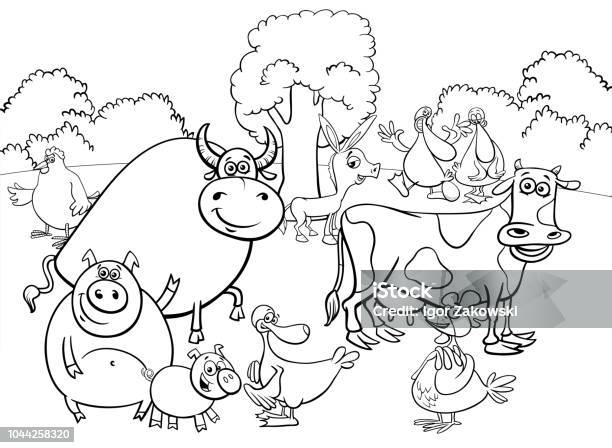 Black And White Cartoon Farm Animal Characters Group Stock Illustration - Download Image Now