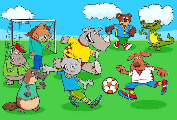 Vector illustration of cartoon animal soccer players on football field