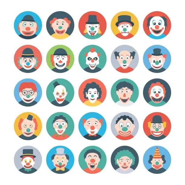 Vector illustration of Clown Faces Flat Icons