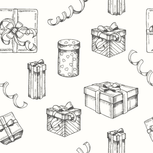 ilustrações de stock, clip art, desenhos animados e ícones de vector seamless pattern with hand drawn set of different gifts and packages and serpentine. sketch. engraving. christmas, new year, happy birthday. pattern for wallpaper, web page, surface textures. - caixa de presentes ilustrações
