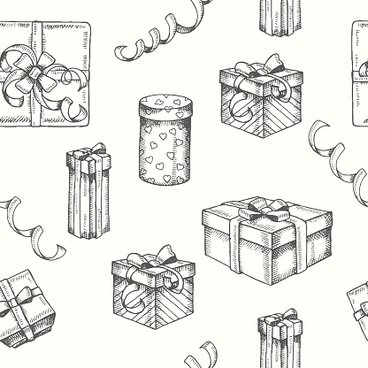 Vector seamless pattern with Hand drawn Set of different gifts and packages and serpentine. Sketch. Engraving. Christmas, New Year, happy Birthday. Pattern for wallpaper, web page, surface textures.