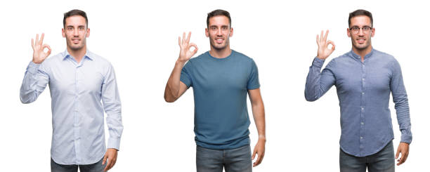 istock Handsome young man wearing different outfits smiling positive doing ok sign with hand and fingers. Successful expression. 1044263724
