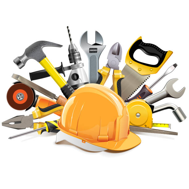 ilustraciones, imágenes clip art, dibujos animados e iconos de stock de casco de construcción naranja vector con herramientas de mano - tools for construction