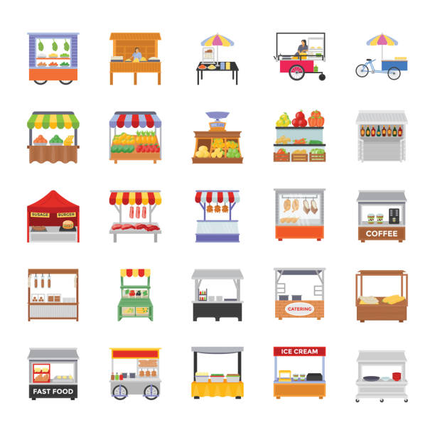 Street Stalls Flat Icons A set of street stall flat icons is representing the colorful and yummiest food stalls with the small business ideas regarding street market. In this amazing pack, you can find almost every item regarding small market and street market having stalls of different food items and househols suchs as: vegetble stalll, fruit stall, fast food, beverages, meat shop and so on. Hold this pack to be used in related projects. concession stand stock illustrations