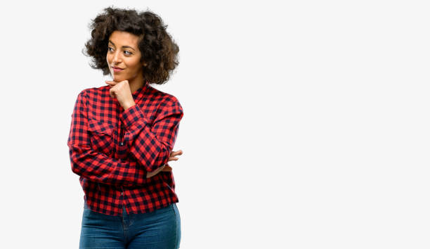 istock Beautiful arab woman thinking thoughtful with smart face, expressing question and doubt. Imagine the solution 1044267852