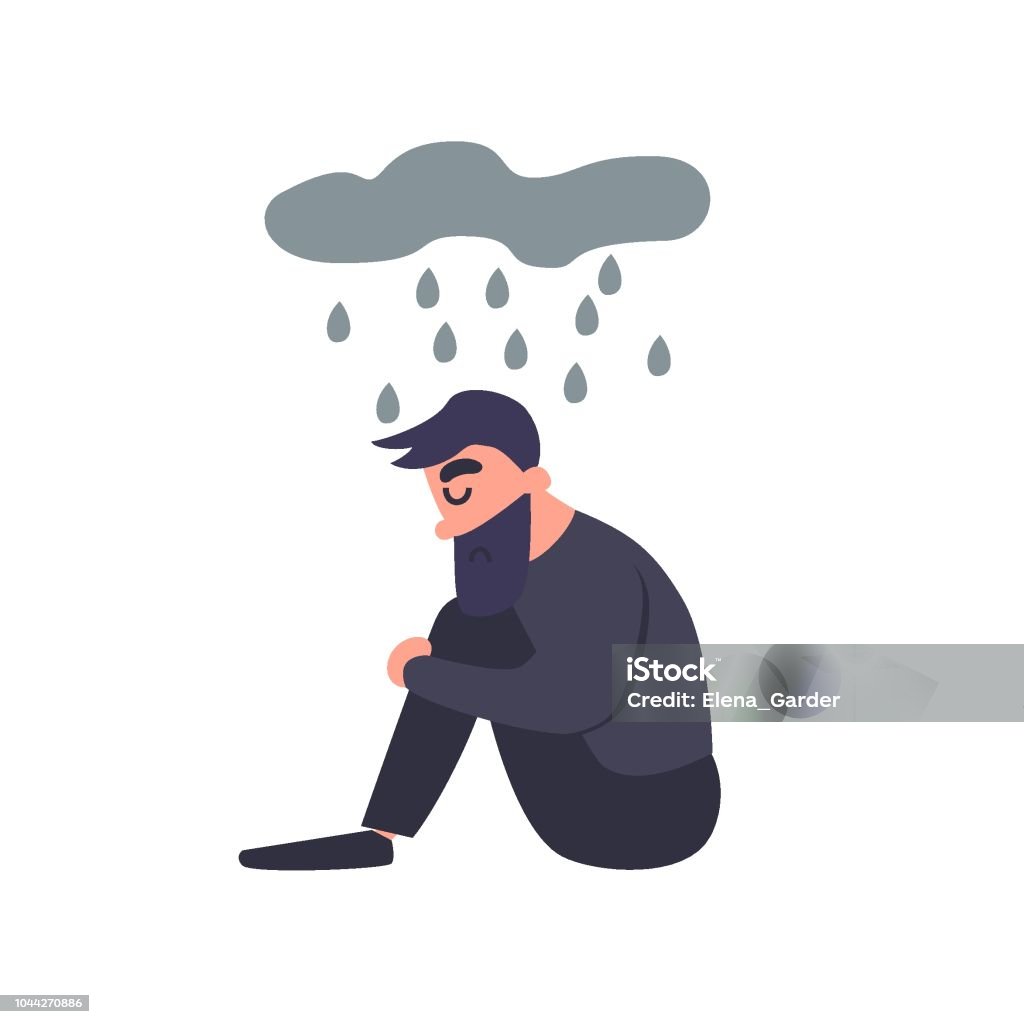 Sad man sits in the rain. Sadness dreary lonely depressed young man thinks about the bad. Unhappy guy. Mental disorder. Sad man sits in the rain. Sadness dreary lonely depressed young man thinks about the bad. Unhappy guy. Mental disorder Adult stock vector