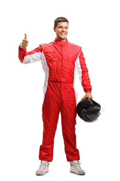 istock Car racer in a suit showing thumbs up 1044275618
