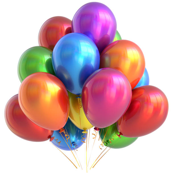 Balloons happy birthday party decoration glossy multicolored Balloons happy birthday party decoration colorful multicolored glossy. Holiday anniversary celebrate New Year's Eve Christmas Xmas carnival greeting card design element. 3d illustration isolated helium balloon stock pictures, royalty-free photos & images