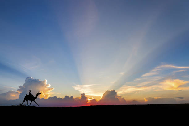 istock People ride Camel running through Thar Desert in India, Show silhouette and dramatic sky 1044275900