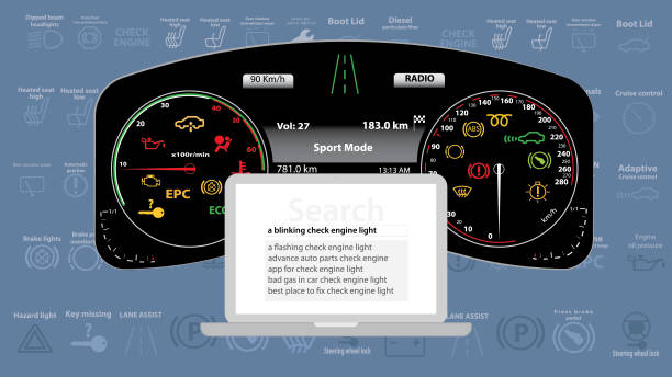 ilustrações de stock, clip art, desenhos animados e ícones de vector illustration of modern car instrument cluster dashboard with check engine on icon - warning about a mechanical malfunction. illustration of a notebook and web serch for answers. - car symbol engine stability