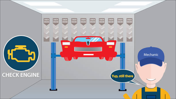 illustrations, cliparts, dessins animés et icônes de auto service boutique grand mécanicien avatar devant près d’une liste complète des codes de tableau de bord check engine erreur. illustration vectorielle de voiture sur ascenseur, codes d’erreur instrument cluster. - car symbol engine stability