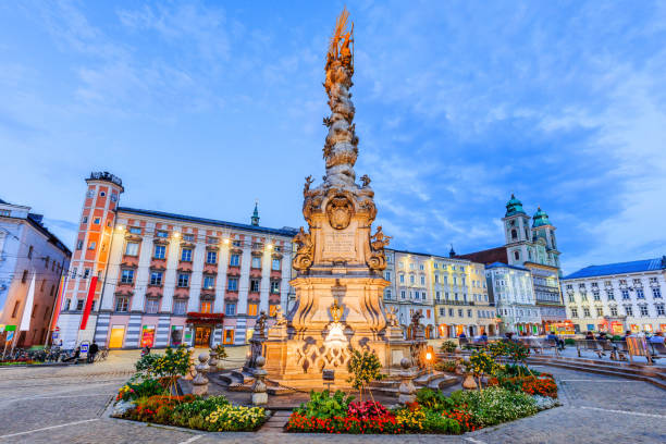 Linz, Austria. Linz, Austria. Holy Trinity column on the Main Square (Hauptplatz). linz austria stock pictures, royalty-free photos & images