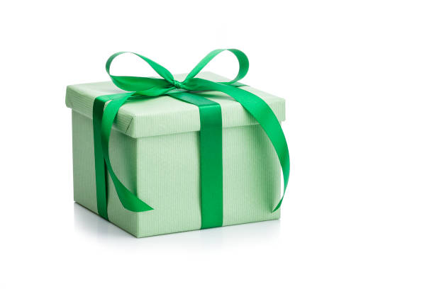 istock Green gift box with green ribbon isolated on white background 1044280796