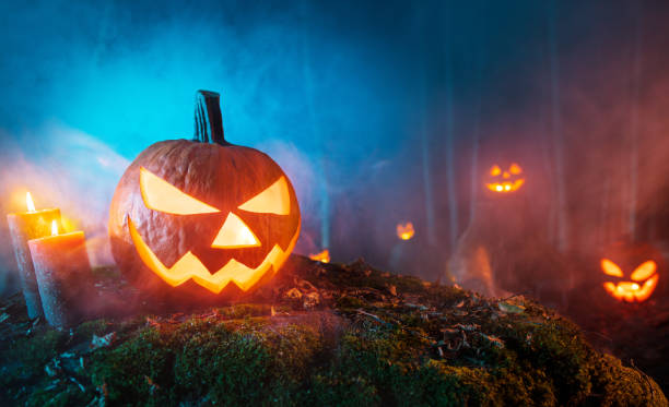 istock Spooky halloween pumpkins in forest 1044291632