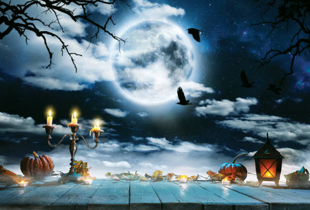istock Spooky horror background with empty wooden planks 1044291658