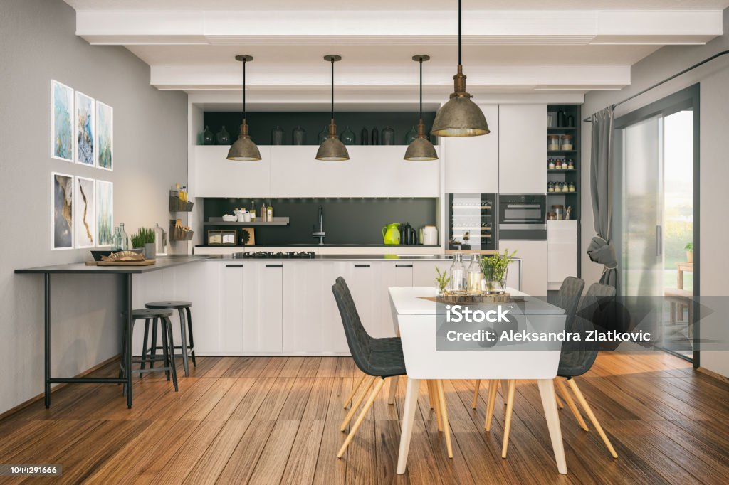 Modern kitchen with Dining area Modern Kitchen design with open concept. Render image. Kitchen Stock Photo
