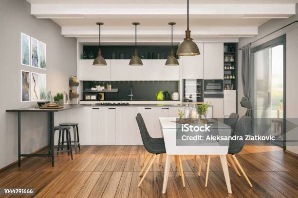 Modern Kitchen With Dining Area Stock Photo - Download Image Now - Kitchen, Dining Room, Real Estate
