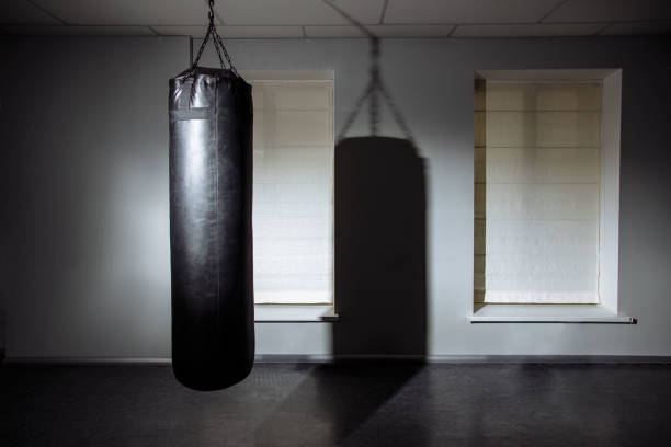 istock Empty modern fight club with punching bag for practicing martial arts. 1044298010
