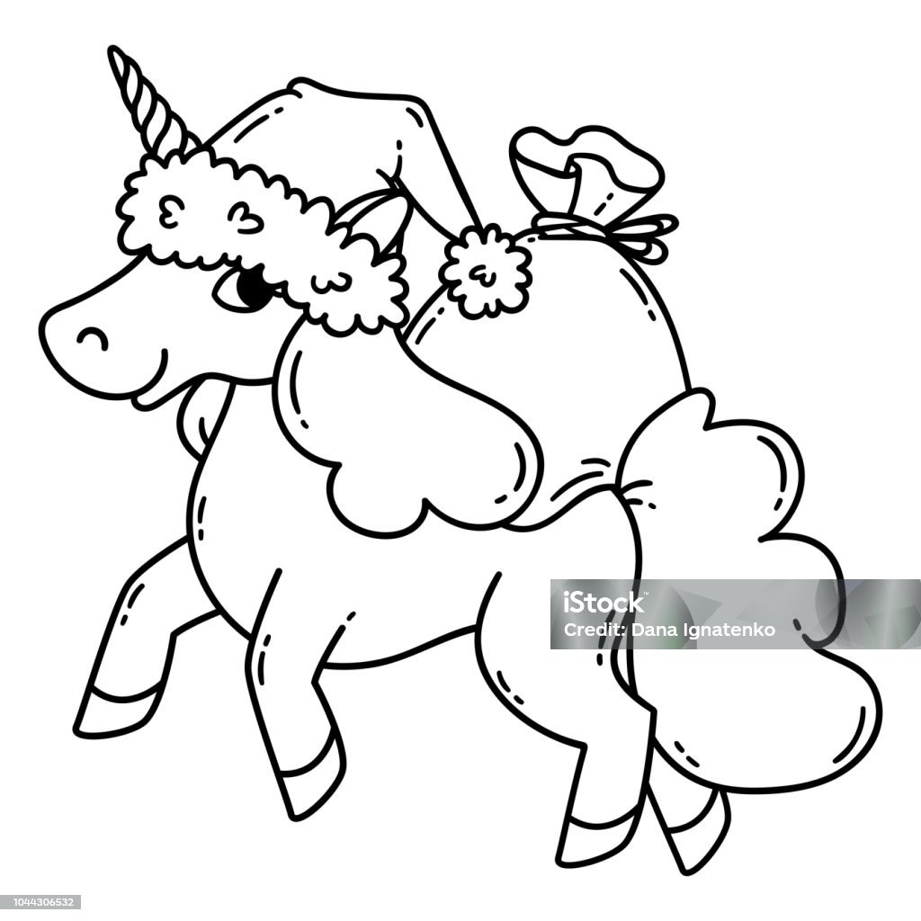 Christmas unicorn with a santa hat and a bag of gifts. Christmas unicorn with a santa hat and a bag of gifts. Cute doodle art of magic creature. Black and white vector illustration for coloring book. Vector illustration isolated on white background. Unicorn stock vector