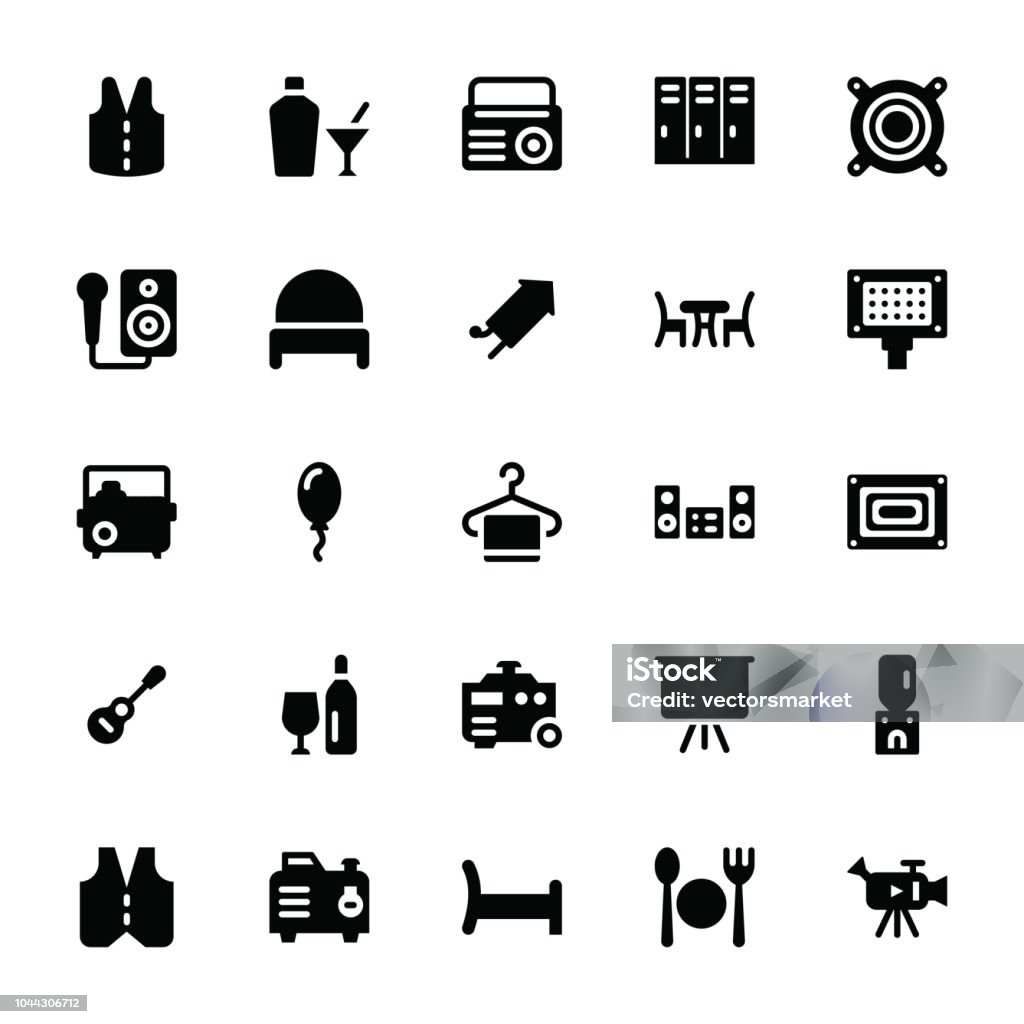 Party Supplies Glyph Icons Set Here is creative and trendy party supplies glyph icons set that contains huge variety of different shapes event icons for every occasion. These icons would work as a soundsystem, firecracker, couch, kitchen installation or whatever! Locker Room stock vector