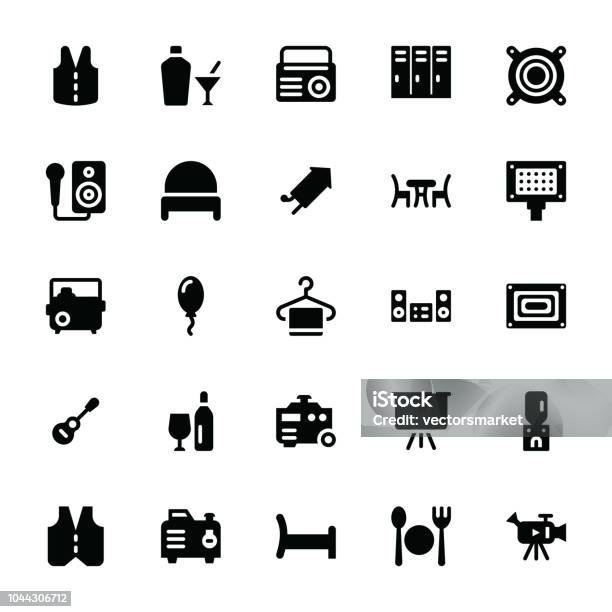 Party Supplies Glyph Icons Set Stock Illustration - Download Image Now - Locker Room, Audio Electronics, Balloon