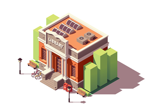Vector isometric old public library brick building with columns and bicycle parking